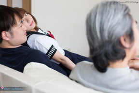 Minano Ai masturbating and fucking older man on sofa