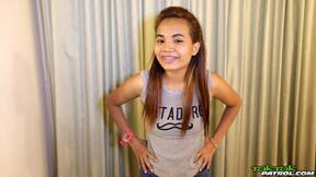 LBFM cutie May with hairy pussy strips and fucks to creampie